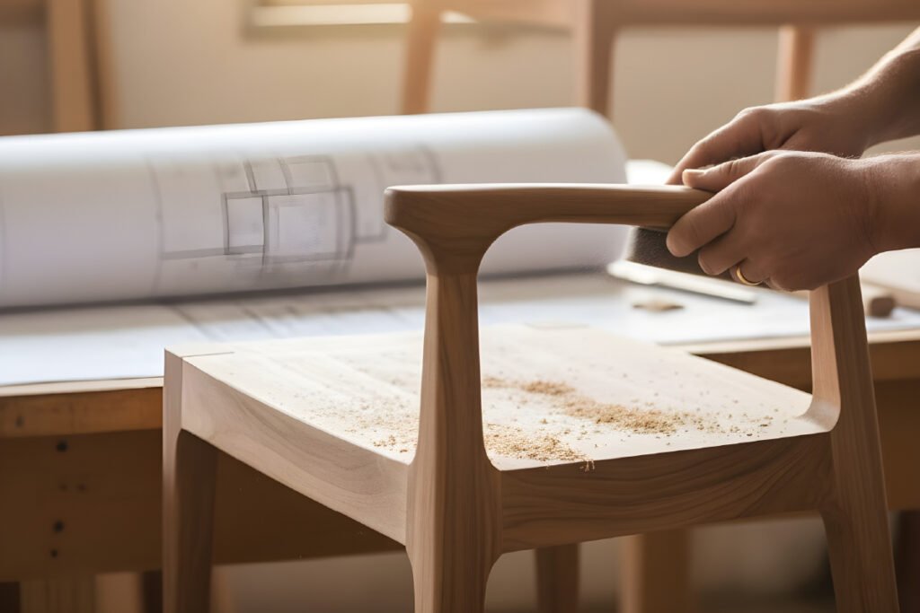 A medium-focus shot in a bright, clean workshop, showing a craftsman's hands carefully sanding the curved arm of a bespoke teak chair.