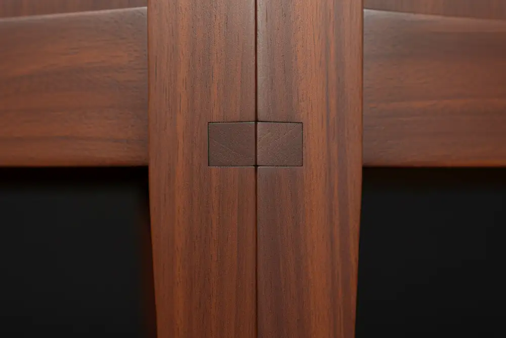 Close-up macro photograph of a high-quality mortise-and-tenon joint on outdoor mahogany furniture by Indonesian furniture suppliers