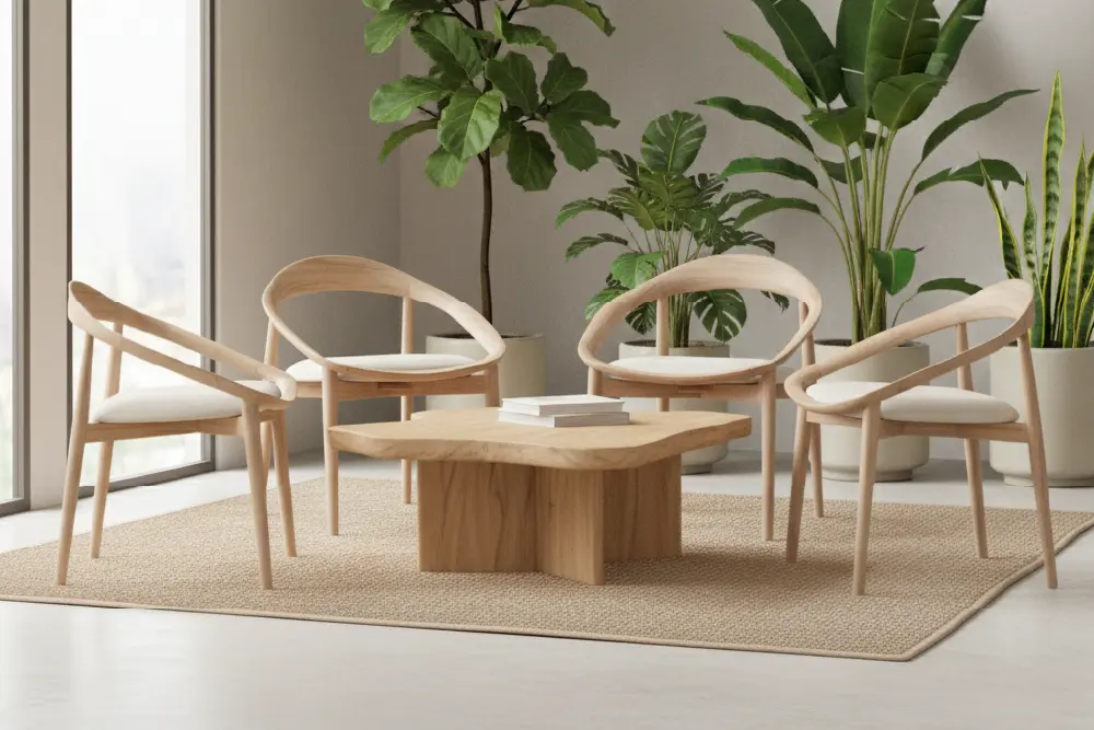 Sungkai wood living set with a light finish in minimalist, Scandinavian interior design.