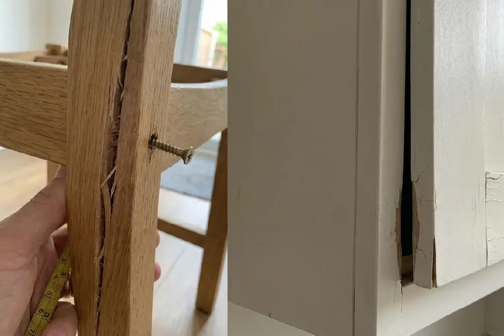 Macro photo of a large crack or split in a finished wood panel and a failed joint, caused by extreme moisture content shrinkage.
