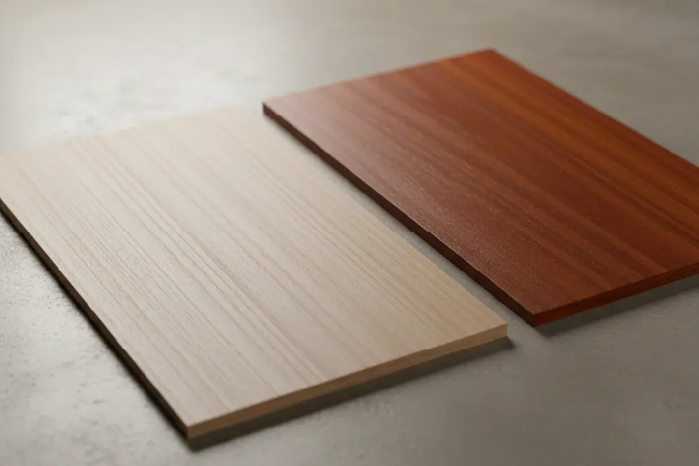 two finished wood swatches on a grey surface. The swatch on the left is a light-toned Sungkai wood. The swatch on the right is a rich, warm brown, representing Mahogany wood.