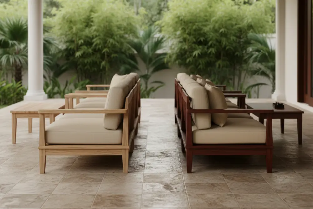 outdoor sofa sets placed in a semi-outdoor covered patio. The set on the left is finished in light-toned Sungkai wood, appealing to the clean and stylish market segment. The set on the right is finished in a deep, rich brown Mahogany wood, appealing to the premium segment.