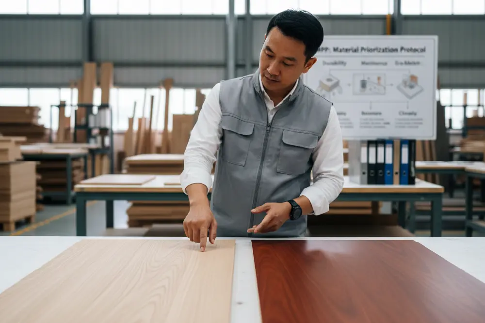 Factory worker comparing light Sungkai wood sample with dark Mahogany wood sample.