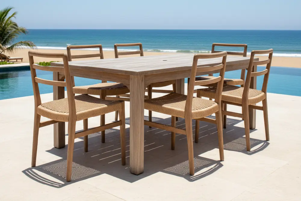 A sungkai outdoor furniture dining set with a rectangular table and six chairs with woven seats. Made by MPP Furniture