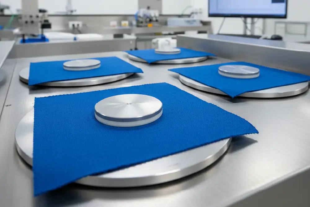 Modern Martindale upholstery fabric abrasion tester machine in a clean lab, with circular metal plates holding bright blue fabric samples.