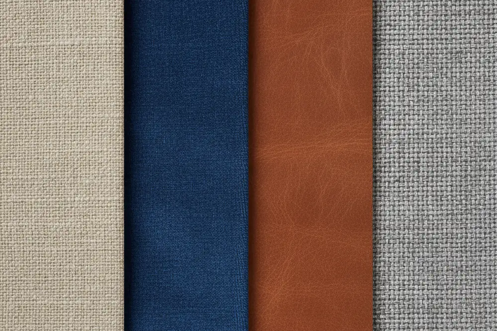 Minimalist composition of four vertical strips of upholstery fabric textures: oatmeal linen, sapphire blue velvet, cognac full-grain leather, and light grey synthetic.