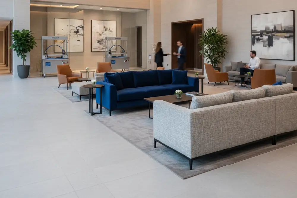 Wide-angle shot of a modern luxury hotel lobby with stylish sofas and armchairs upholstered in durable performance upholstery fabric.