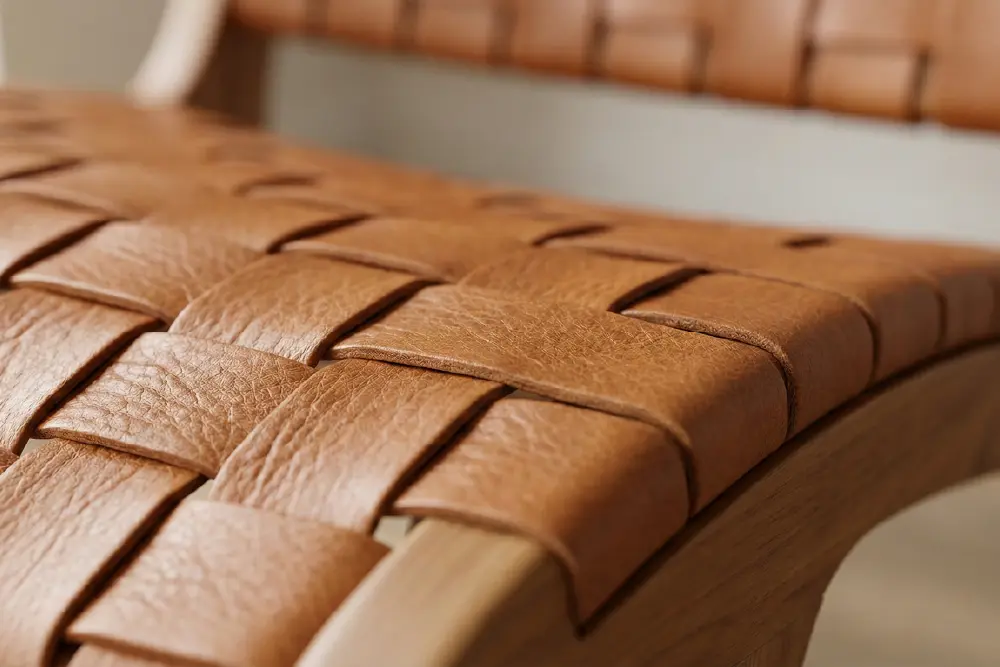 Close-up macro detail of a Woven Leather Dining Chair seat, highlighting the high-quality leather grain texture and tight artisanal basket-weave pattern.