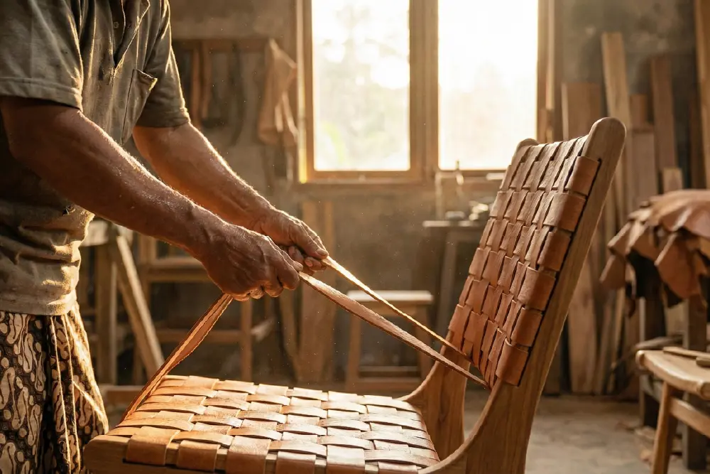 Indonesian artisan hand-weaving leather straps onto a solid wood frame to manufacture a handcrafted Woven Leather Dining Chair in a workshop.