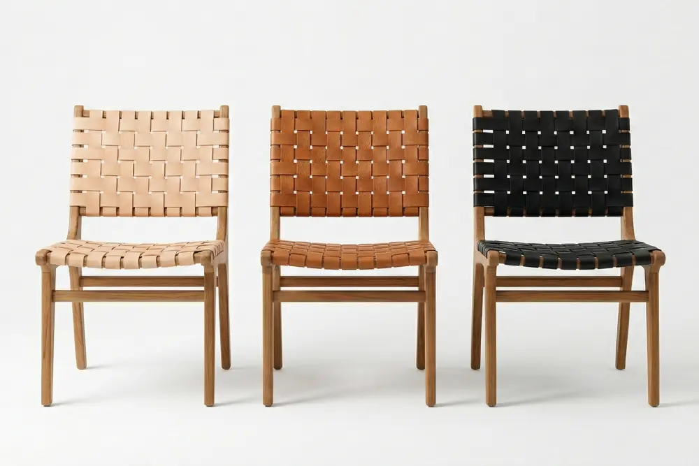 Three Woven Leather Dining Chairs samples displayed side-by-side, showing customization options in natural beige, cognac, and black leather straps.