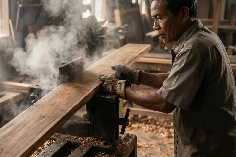 Indonesian craftsman expertly clamping steamed wood into a mold, a critical step in precise curved furniture manufacturing.