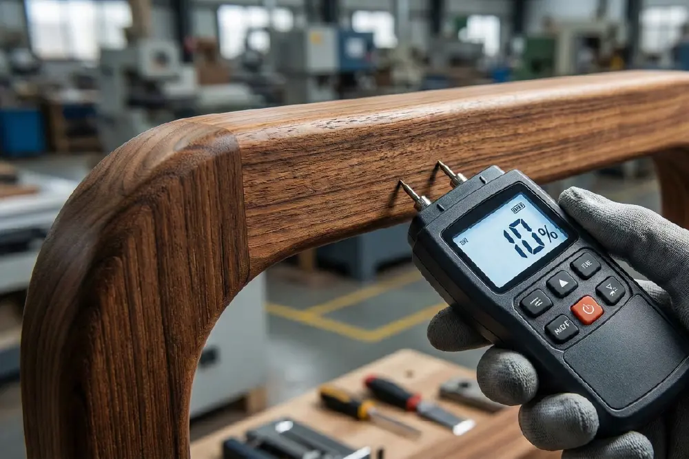 Quality control inspector using a digital meter to check moisture content (10%) on a curved wooden frame for reliable curved furniture manufacturing.