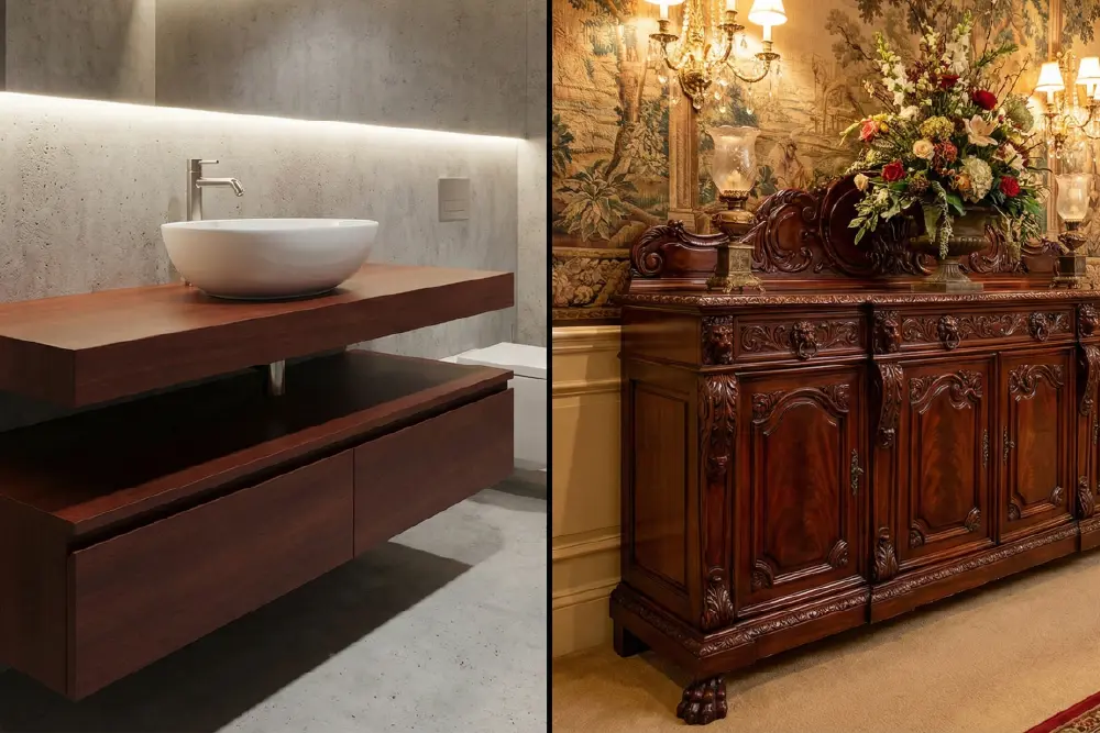 Diptych showing the architectural versatility of mahogany Luxury Resort Furniture: modern floating bathroom vanity juxtaposed with classic carved sideboard.