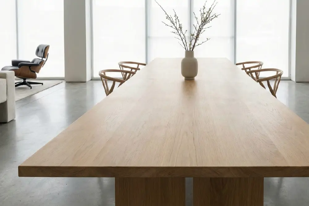 A luxury solid wood dining table in a modern showroom, demonstrating superior dimensional stability and successful mitigation of wood movement risk through expert craftsmanship.