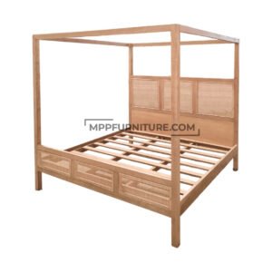 Norah king size canopy bed frame made from solid sungkai wood with rattan woven panels on the headboard and footboard. Features a four-poster design with natural reclaimed finish, suitable for modern, minimalist, or resort-style bedrooms.