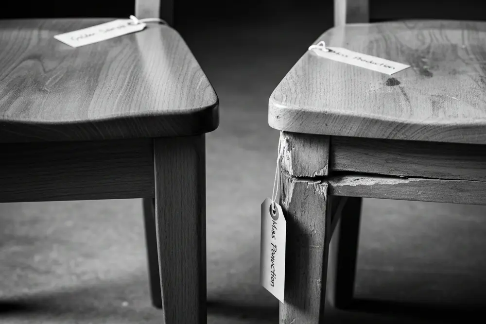 High-contrast comparison showing a failed unit next to a perfect Golden Sample, emphasizing the necessity of direct OEM furniture manufacturing for batch consistency.