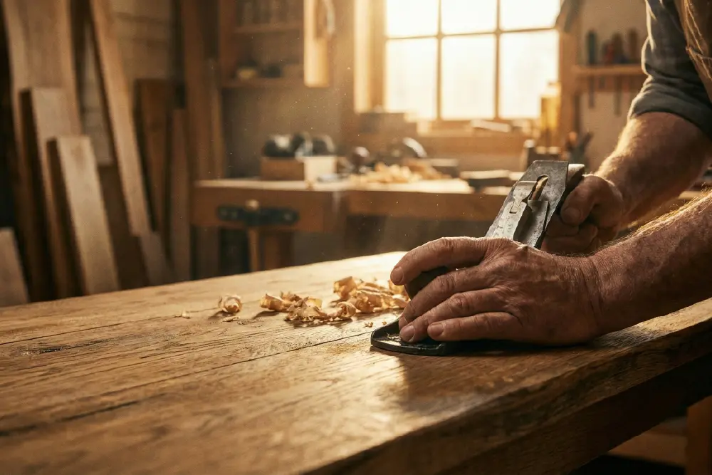 Creating applied patina: A skilled artisan hand-planing solid wood to engineer character and authenticity in new furniture manufacturing.