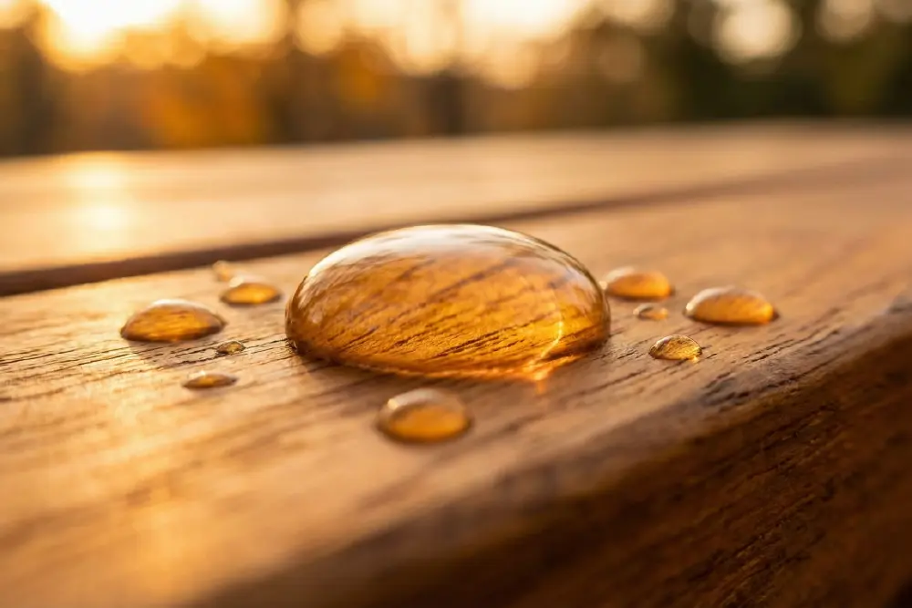 A macro photography shot of water droplets forming perfect spherical beads on a golden-brown wooden surface. This demonstrates the water-repellent properties of natural wood oils or applied sealants, which are essential components of effective teak furniture maintenance.