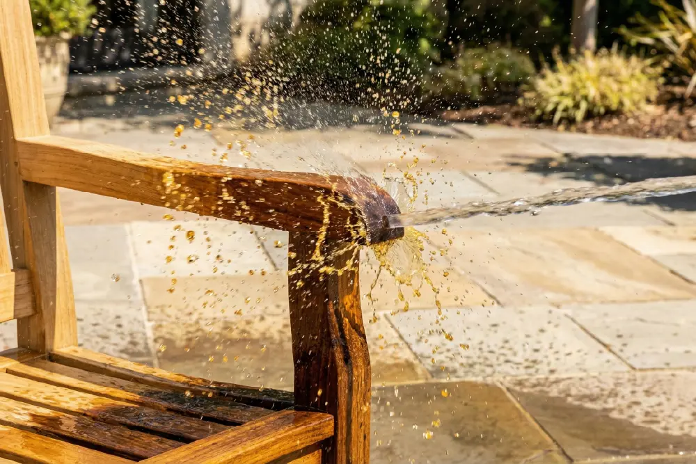 A high-speed action shot of a garden hose spraying water onto the armrest of a new wooden outdoor chair. This illustrates the "hosing down" step often recommended in teak furniture maintenance to wash away surface dust and excess natural oils before the furniture is used.