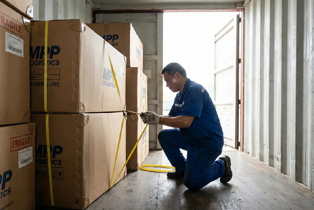 Logistics team at a direct manufacturer securing furniture packaging inside a shipping container to prevent transit damage.