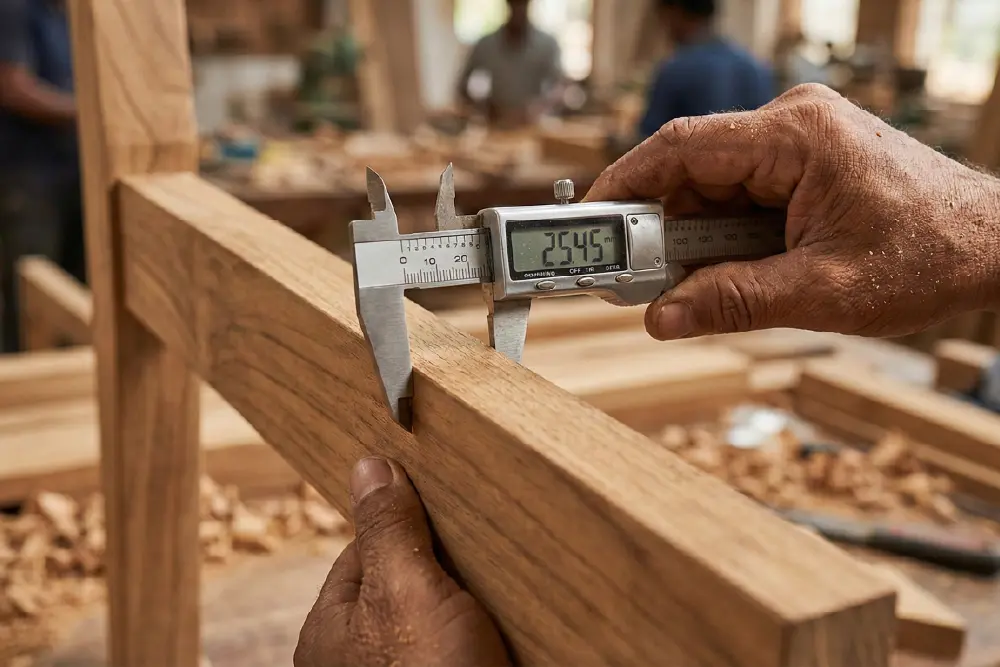 Quality control expert at a direct manufacturer using digital calipers to ensure precise product compliance.