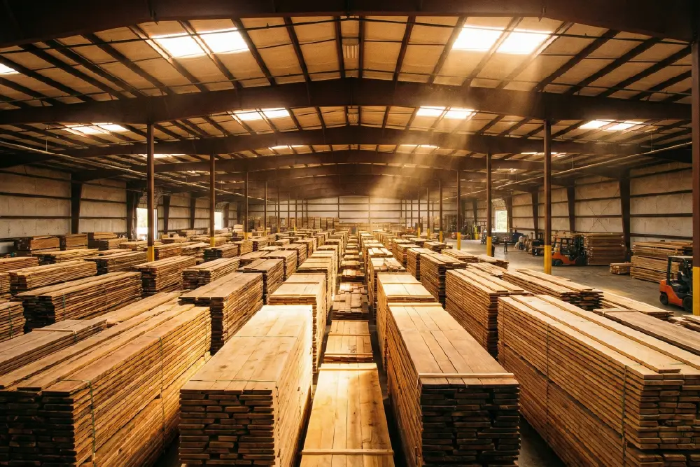 Large scale raw timber inventory inside a direct manufacturer warehouse demonstrating production capacity and asset ownership.