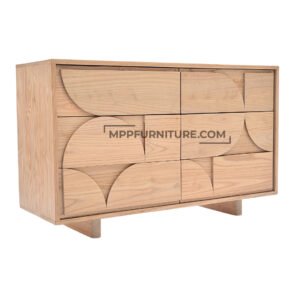 Wuluka Cabinet made from solid Sungkai wood with natural finish, featuring artistic geometric drawer fronts and minimalist lines. Ideal as a wooden bedroom storage cabinet or living room accent, this handcrafted Indonesian furniture piece combines modern style with functional design.