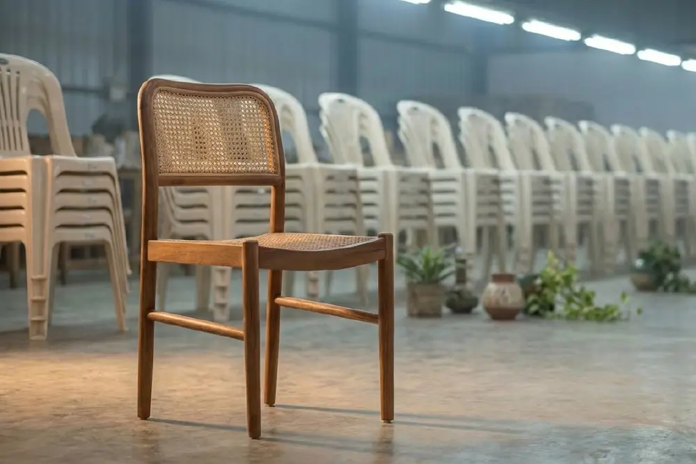 A detailed close-up of the Kumara Dining Chair by MPP Furniture, a handcrafted teak dining chair representing premium furniture from Indonesia, featuring intricate rattan weaving and unique wood grain. It is set against a blurred background of identical, sterile mass-produced factory chairs, highlighting the contrast between unique Indonesian craftsmanship and generic manufacturing.