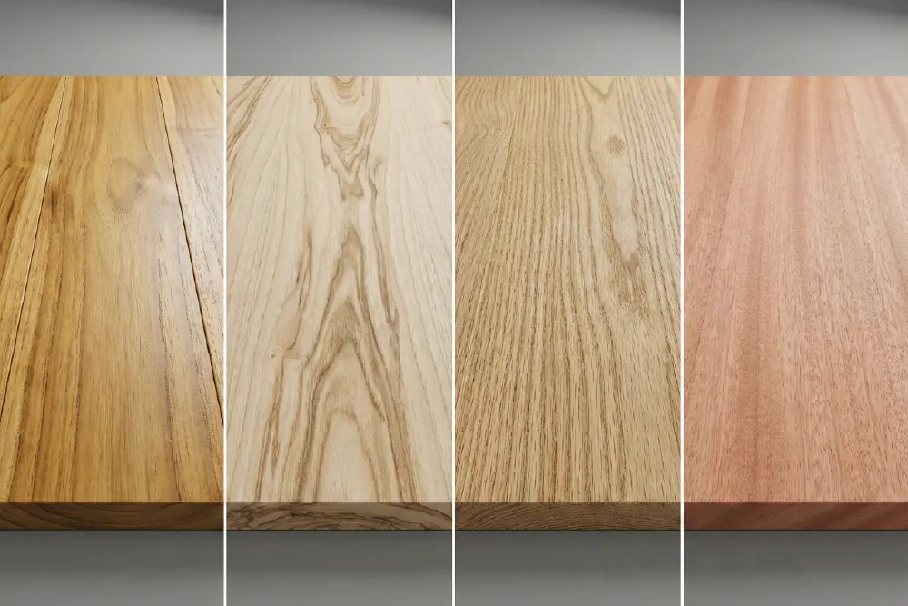A side-by-side material comparison of four premium wood types commonly used in Indonesian furniture production. The split-screen graphic displays the raw grain textures of Golden Teak, Blonde Sungkai, Textured Mindi, and Reddish Mahogany wood.