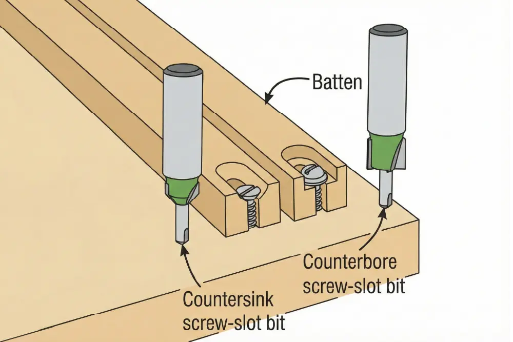 Illustration of countersink construction to prevent cracking for indonesian tables, particularly the top table