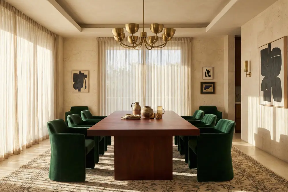 Expansive warm maximalist dining room featuring a massive solid mahogany furniture dining table with a deep reddish-brown matte finish, surrounded by textured limestone walls and emerald green velvet chairs, illustrating modern 2025 interior design trends.