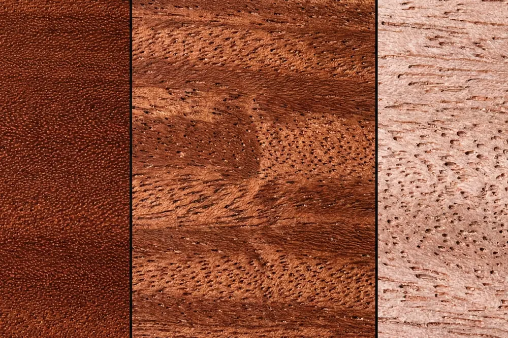 Microscopic split-screen comparison of wood grain textures showing the tight pores of genuine mahogany furniture lumber (left) versus the interlocking grain of African Mahogany and the coarse texture of Shorea substitutes.