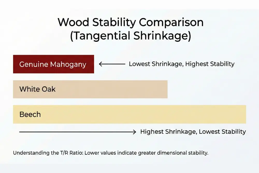 Technical bar chart comparing wood stability metrics, highlighting that genuine mahogany furniture timber has a significantly lower tangential shrinkage ratio compared to White Oak and Beech hardwoods.