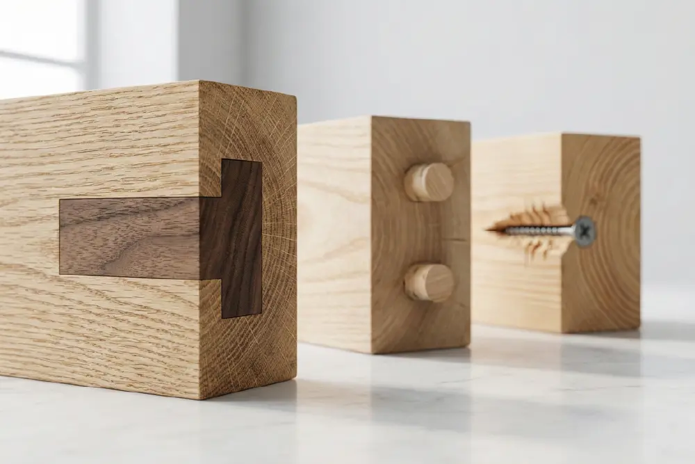 A cross-section comparison of a deep structural mortise tenon joint versus shallow dowel and screw joints, highlighting superior wood-to-wood contact area.
