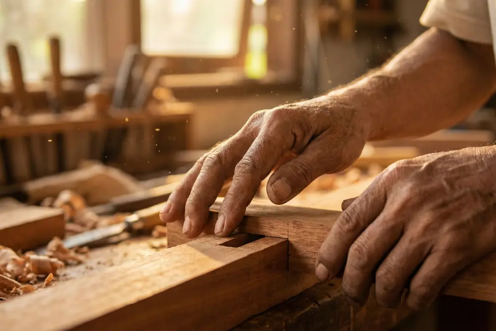 Expert craftsman's hands performing a tactile quality check on a perfectly flush and hand-finished mortise tenon joint to ensure furniture durability.