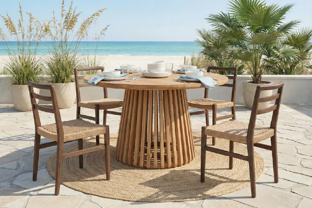 Page Optimize-01 A round MPP Furniture teak dining table featuring a sculptural, slatted pedestal base, surrounded by four wooden chairs with woven seats. The set is arranged on a circular jute rug on a stone patio with a bright beach and ocean backdrop.