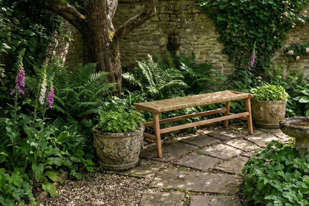 Page Optimize-02 A low-profile MPP Furniture teak bench with a natural, tightly woven fiber seat, placed in a shaded garden corner. The bench sits on a rustic flagstone and gravel path, surrounded by lush green ferns, foxgloves, and weathered stone planters against a textured stone wall.
