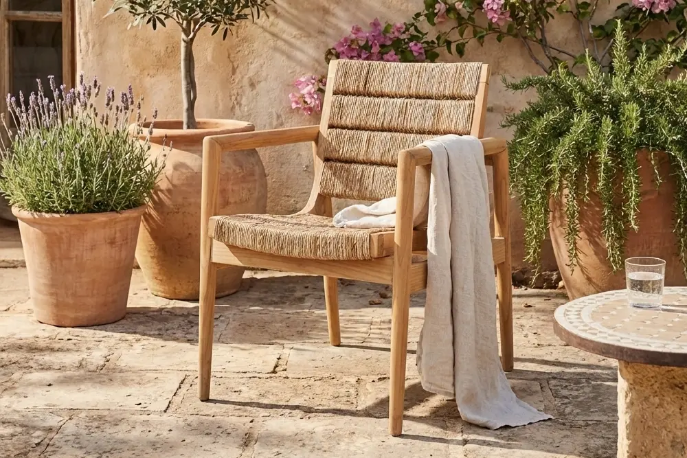 Page Optimize-06 An MPP Furniture teak outdoor armchair with a woven seat and corded backrest, situated on a sun-lit stone patio. A light linen textile is draped over the armrest, flanked by large terracotta pots of lavender and rosemary with a mosaic side table in the foreground.