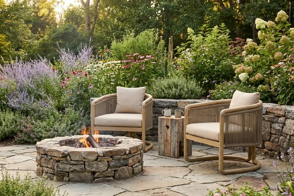Page Optimize-08 Two contemporary MPP Furniture outdoor lounge chairs with curved teak frames and vertical rope detailing. The chairs feature plush neutral cushions and are arranged around a circular stone fire pit in a vibrant, flowering backyard garden.