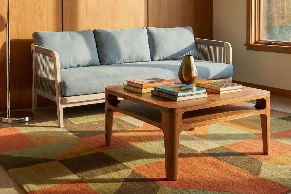 Page Optimize-09 An MPP Furniture modern lounge sofa features a light wood frame and vertical corded sides paired with plush gray cushions. The sofa sits behind a square wooden coffee table by MPP Furniture that includes a unique open storage shelf and decorative books. This arrangement is set on a bold, geometric-patterned rug in shades of orange, green, and brown against a warm wood-paneled wall.