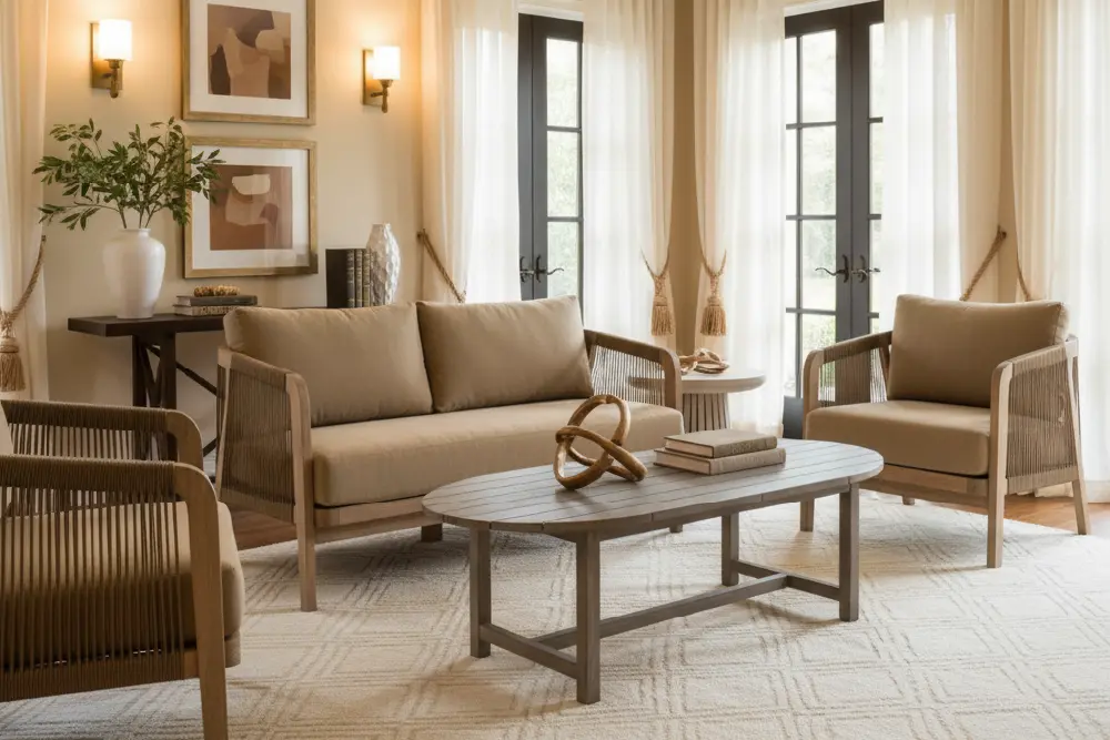 Page Optimize-10 This MPP Furniture living room set showcases a three-seater sofa and matching armchairs with natural wood frames and intricate vertical rope detailing. Each piece is finished with soft tan cushions and centered around a slatted oval wooden coffee table from MPP Furniture. The set is styled in a bright, elegant room with neutral tones, large French doors with sheer curtains, and a textured white area rug.