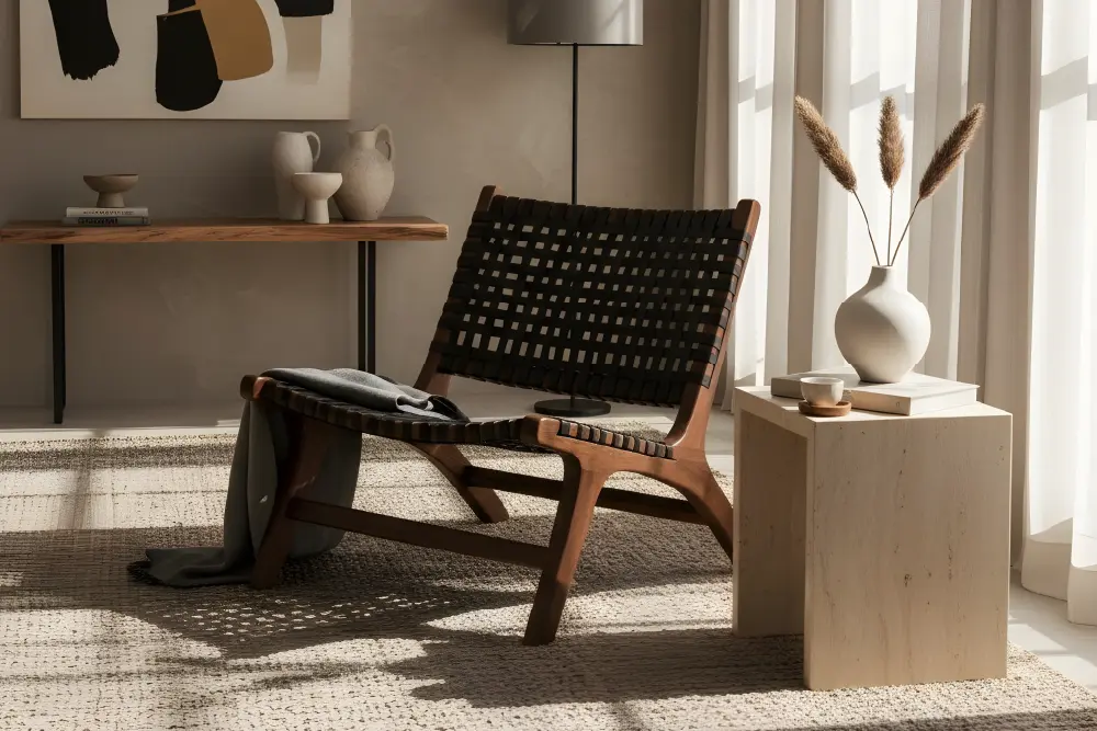 Page Optimize_2-01 Modern interior scene showcasing an MPP Furniture low-profile accent chair with black woven strapping, paired with a minimalist block side table and neutral ceramic decor.