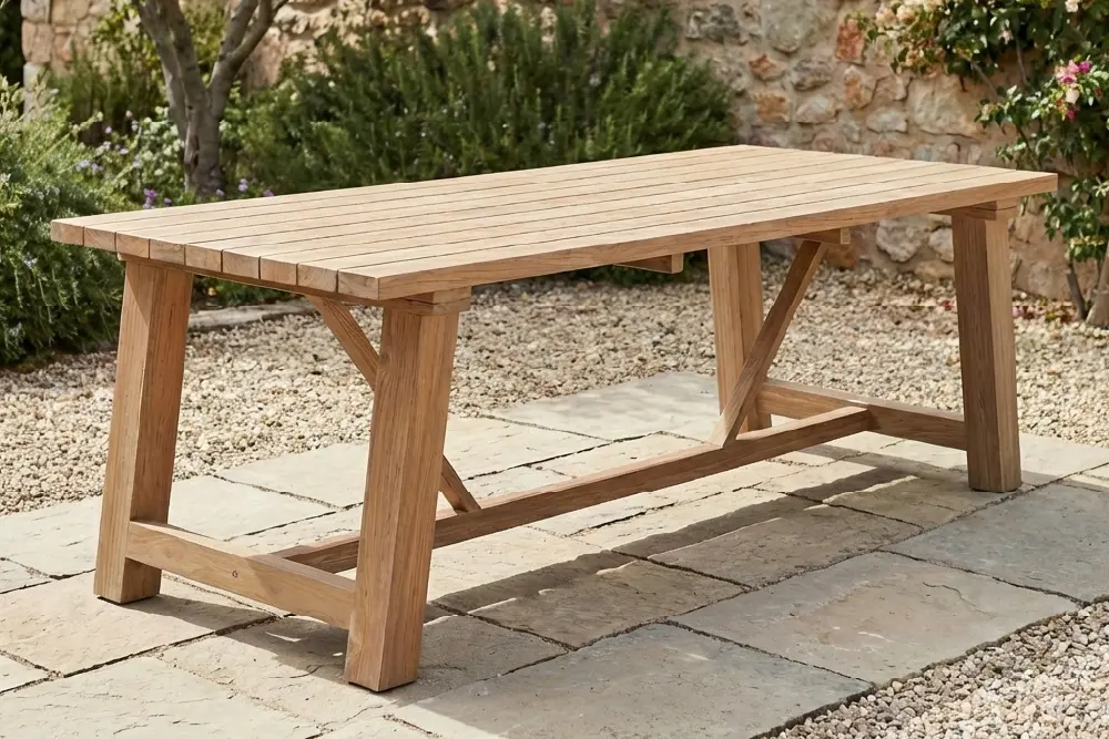 Page Optimize_2-03 Al fresco garden dining setup featuring an MPP Furniture teak table styled with terracotta herb pots, fresh citrus centerpieces, and white linens against a natural stone wall background.