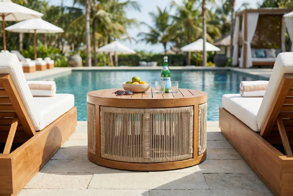 Page Optimize_3-03 MPP Furniture round teak coffee table with rope accents, centered between two teak lounge chairs on a limestone pool deck, set against a backdrop of a luxury resort swimming pool, white umbrellas, and tropical palm trees.