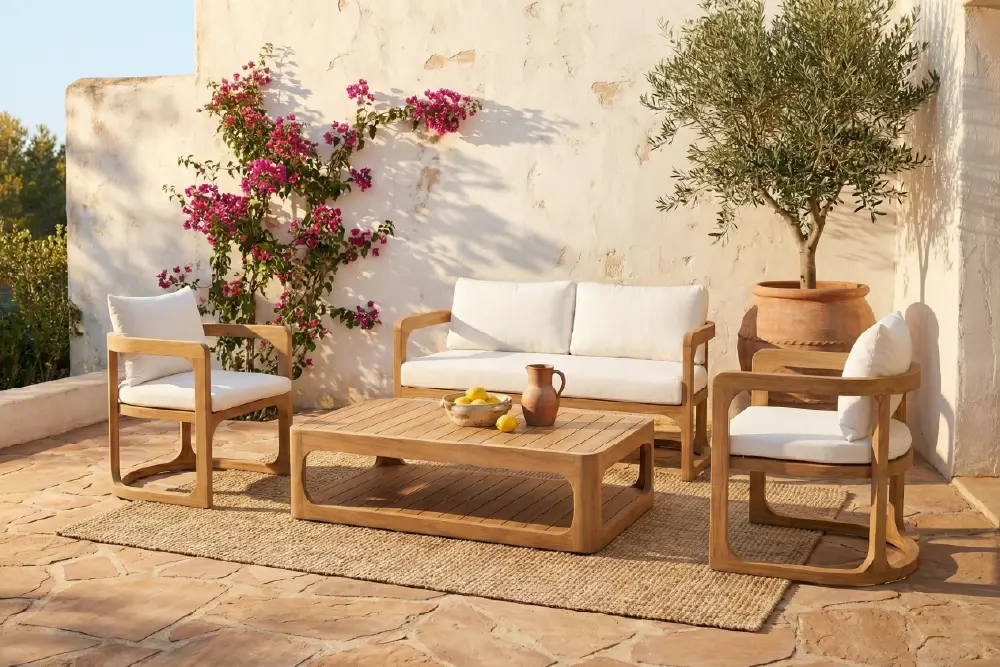 Page Optimize_3-04 MPP Furniture 4-piece outdoor living set comprising a curved teak sofa, two matching armchairs, and a rectangular coffee table, arranged on a warm Mediterranean flagstone terrace featuring a blooming bougainvillea vine and a potted olive tree.