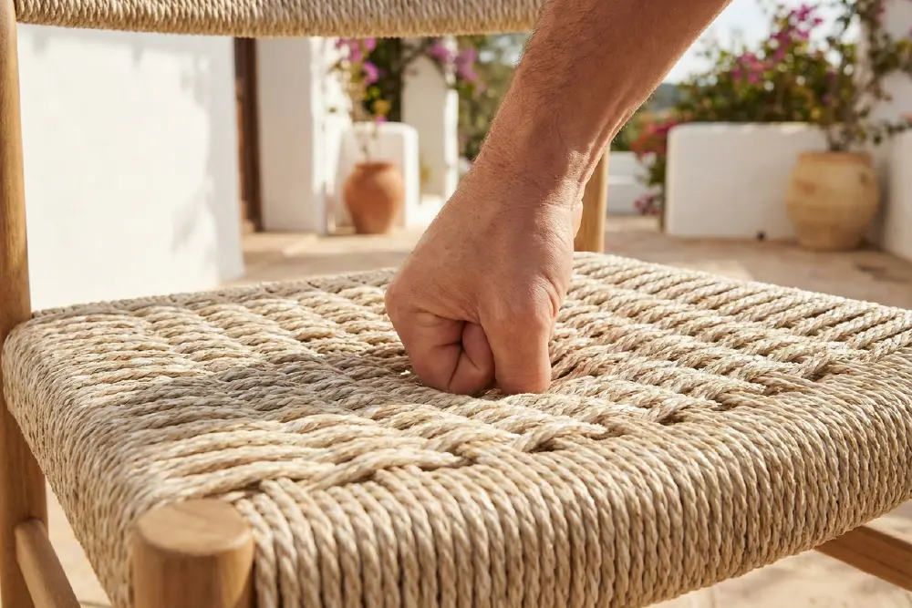 A hand pressing firmly into the center of a beige woven rope seat to test its tension. This "press test" is a quick way for buyers to check for resilience and identify potential sagging furniture issues before purchasing.
