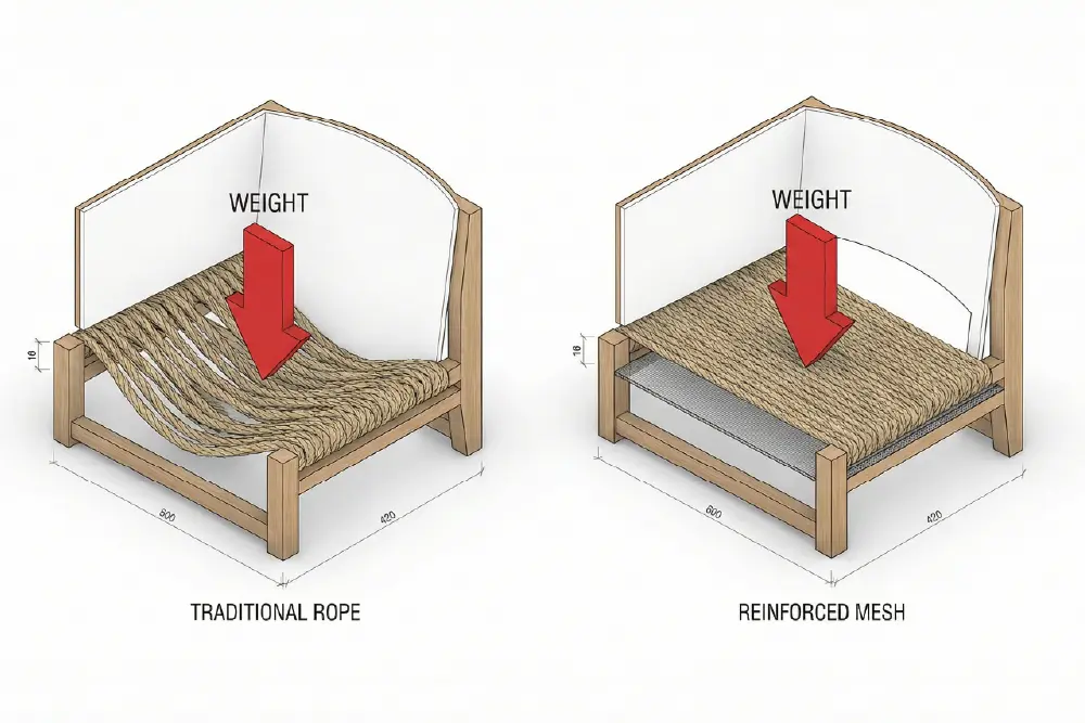 A split technical diagram comparing two chair seat constructions. The left shows "Traditional Rope" bowing under weight, illustrating sagging furniture caused by material creep. The right shows "Reinforced Mesh" where a support layer prevents the rope from stretching under load.