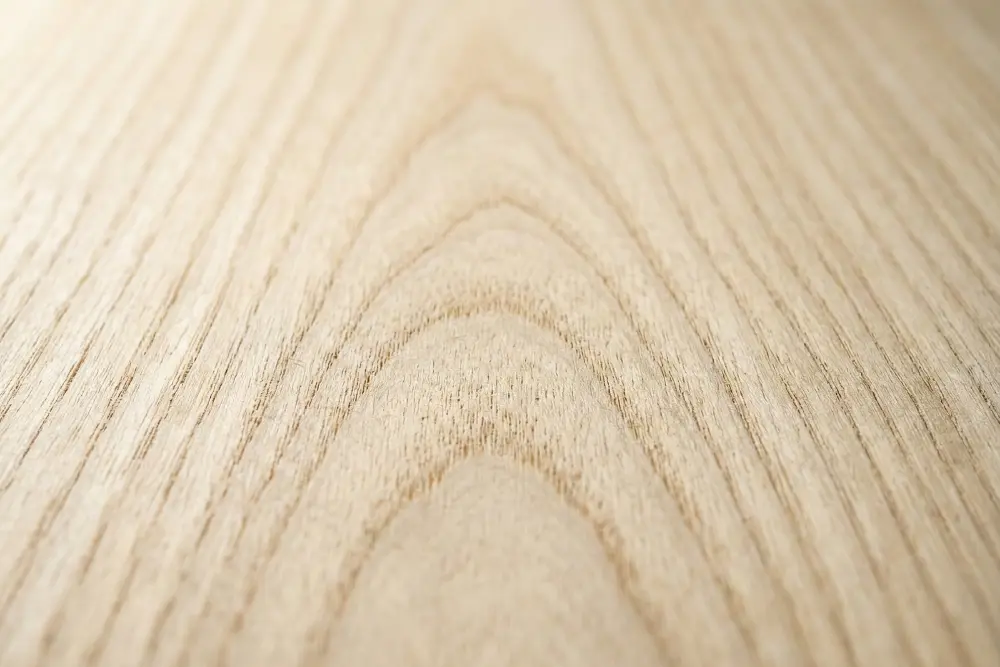 Macro close-up of a sanded wood surface, revealing deep, arching cathedral grain patterns and open pores. The natural pale straw color illustrates the raw texture and organic aesthetic of unfinished sungkai wood furniture.