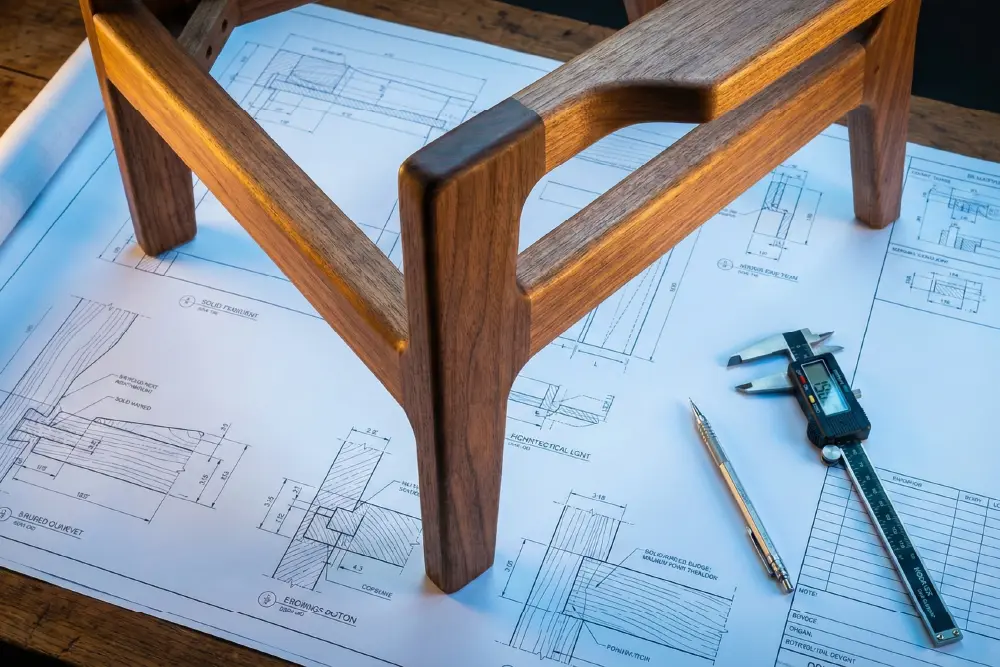 Handcrafted furniture component resting on technical engineering blueprints with calipers