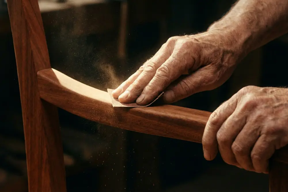 craftsman's hands sanding a curved wooden chair arm in a workshop